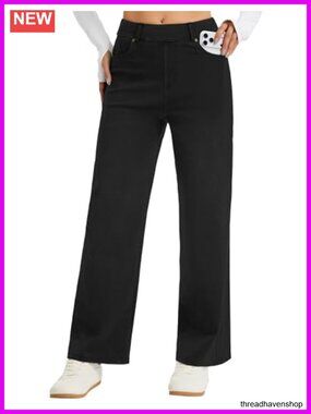 Wide Leg Pull On Jeans for Women Stretch Denim Pants High Rise with Pockets